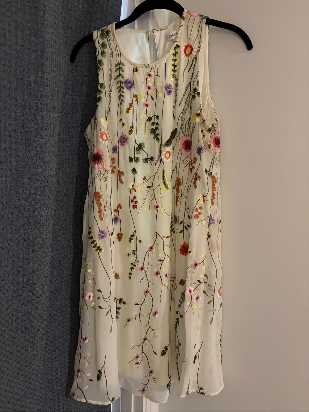 Calvin Klein Ivory Midi Dress with Multicolor Floral Embroidery